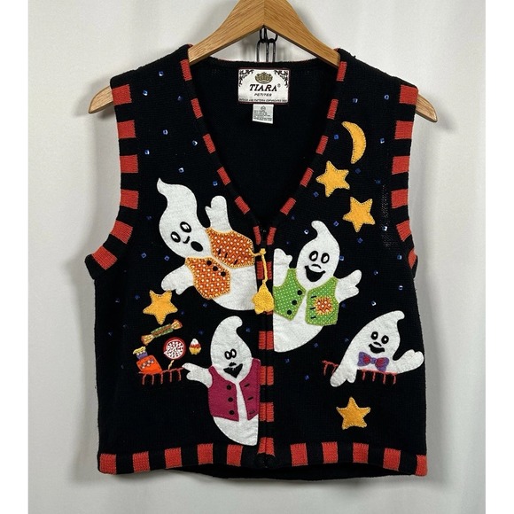 TIARA Petites Black Orange Halloween Ghost Zip Cardigan Sweater Vest Women's Med - Picture 1 of 8